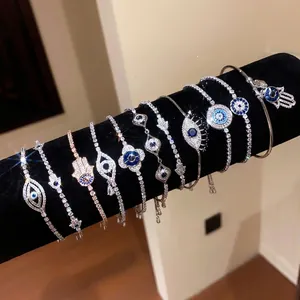 Exotic Blue Evil Eye Hamsa Hand Bracelet For Women Copper Zirconia Inlaid Adjustable Chain Bracelet Luxurious Jewelry Gift