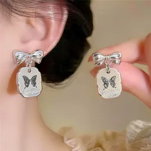 Orecchini a Bottone con Fiocco in Stile Coreano Perno in Argento Rame Etichetta a Farfalla Chic Dolce Gioielli di Moda da Donna