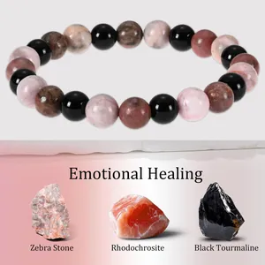 Bracciale curativo in cristallo con pietra zebra, rodocrosite e tormalina nera