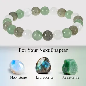 Dettaglio delle perle in pietra di luna, labradorite e avventurina del braccialetto.