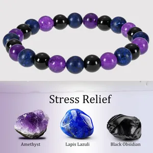 Bracciale in perle di ametista, lapislazzuli e ossidiana nera per alleviare lo stress