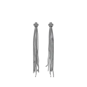 Boucles d'oreilles pendantes à longues franges en argent avec nœud et cristaux brillants