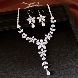 Exquisite bridal zircon flower and teardrop necklace and earrings set for luxury weddings