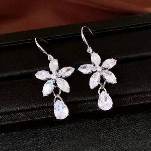 Elegant silver flower drop earrings with marquise and pear-shaped clear zircons