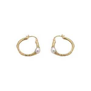 French Vintage Round Artificial Pearl Hoop Earrings For Women Gold Silver Plated Geometric Jewelry Daily Accessory Gift