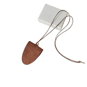 Brown suede bell pendant necklace glasses holder with minimalist cord and gift box