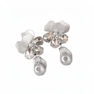 French Elegant Rhinestone Flower Drop Earrings With Baroque Artificial Pearl Alloy Jewelry With Silver Earring Post For Women