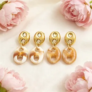 French Vintage Hollow Pig Nose Resin Pendant Earrings For Women Luxury 304 Stainless Steel Marble Texture Drop Earrings Jewelry