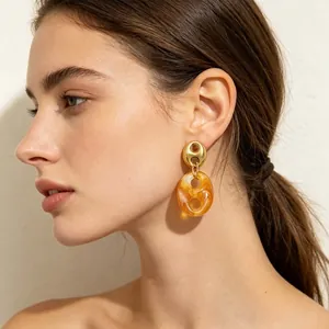 French vintage pig nose earrings with amber resin pendant and gold titanium steel.