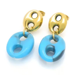 French vintage pig nose earrings with gold stainless steel and blue resin pendants