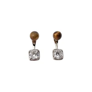 Vintage Maillard Style Geometric Pendant Stud Earrings Tiger Eye Cubic Zirconia Copper Jewelry With Silver Earring Post