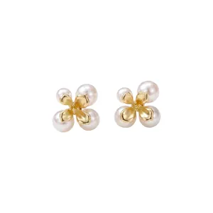 Franse Stijl Bloem Parel Oorknopjes Elegante Goud Zilver Verguld Legering Strass Oorbellen Voor Vrouwen Mode Sieraden Cadeau