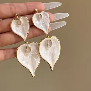 Vintage Alloy Heart Stud Earrings With 925 Sterling Silver Earring Post White Enamel Drip Oil Double Layer Heart Earrings For Women Gentle Jewelry