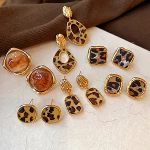 Vintage 14K Gold Plated Acetate Leopard Print Stud Earrings For Women Retro Maillard Style Geometric Brown Gold Jewelry