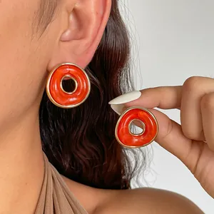 Vintage Geometrische Hohle Runde Acryl Harz Ohrstecker Mit Silber Ohrringpfosten Marmor Muster Tintenwäsche Ohrringe Für Damen