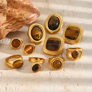 Vintage Roestvrij Staal Verguld Tijgeroog Steen Geometrisch Vierkant Ovaal Oorknopjes En Ring Voor Dames Luxe Sieraden