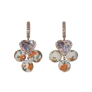 French Vintage Court Style Heart Rhinestone Inlaid Fabric Flower Ball Pendant Stud Earrings For Women Copper Jewelry With Silver Post