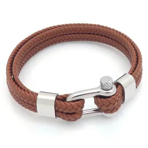 Bracelet double couche en cuir tressé marron avec fermoir fer à cheval en acier