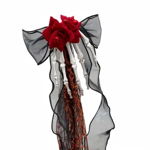 Dark Gothic Halloween Hair Clip Skeleton Hand Red Rose Chiffon Bowknot Lace Tassel Duckbill Clip For Women Cosplay Party