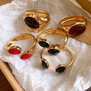 Vintage Oval Harz Offener Armreif Gold Überzogen Legierung Manschette Armband Für Damen Retro Geometrische Mode Handschmuck Zubehör