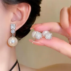 French Zirconia Round Artificial Pearl Stud Earrings For Women Elegant Fashion Exquisite Small Crowd High Sense Pierced Jewelry