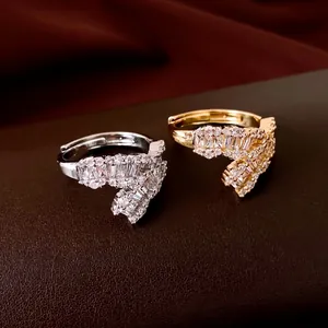 18K Real Gold Plated Copper Zirconia Geometric Open Ring For Women Minimalist Adjustable Finger Ring Light Luxury Jewelry