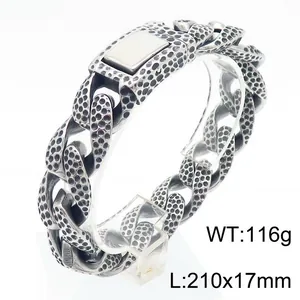 Vintage punk style heavy stainless steel Cuban chain bracelet with spotted texture