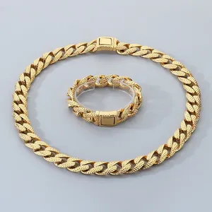 Gold hip-hop Cuban chain necklace and bracelet set with textured stainless steel surface