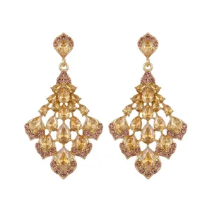 Elegant Gold Fan Shape Rhinestone Drop Earrings For Women Fashion Rhombus Water Drop Inlaid Alloy Earrings Silver Post Jewelry