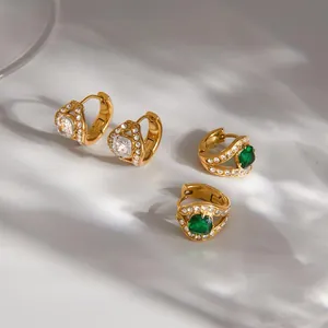 Boucles d'Oreilles Créoles en Acier Inoxydable Plaqué Or 18K Forme de Serpent Avec Strass Vert Blanc Bijoux Rétro pour Femmes