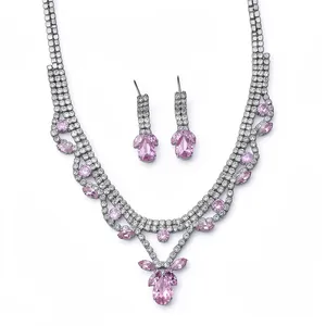 Luxurious Zirconia Waterdrop Pendant Necklace And Earrings Jewelry Set Copper Rhinestone Banquet Style For Women