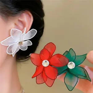 Elegant mesh flower stud earrings with sparkling zirconia, available in multiple colors.