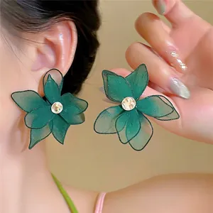 Elegant handmade green fabric flower stud earrings with sparkling center zircon for women