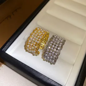 Élégantes bagues ouvertes en dentelle plaquées or 18 carats et argent avec perles fines