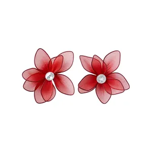 Elegante Gaas Bloem Oorknopjes Met Zilveren Oorsteker Koper Zirconia Grote Florale Oorbellen Voor Vrouwen Mode Sieraden