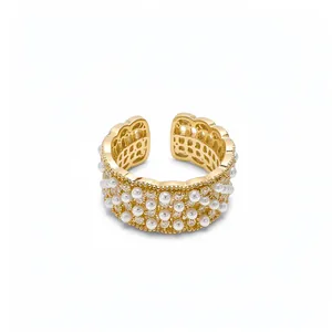18k Vergulde Zirkonia Kunstparel Open Ring Voor Dames Vintage Luxe Verstelbare Vingerring Sieraden