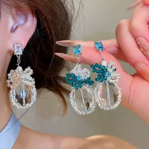 Elegante Hängeohrringe mit Blauen Zirkonia Glaskristall Perlen Für Damen Nischendesign 925 Silberstecker Bankett Schmuck