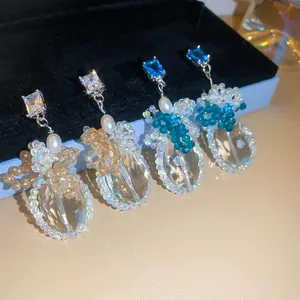 Elegante Blauwe Zirkonia Glaskristal Kralen Hangende Oorbellen Voor Dames Niche Ontwerp 925 Zilveren Stift Sieraden
