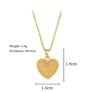 Gold titanium steel heart necklace with mesh hollow design and measurement detail
