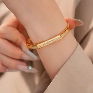 Detailed close-up of 18K gold-plated bangle with sparkling micro-pave zircons