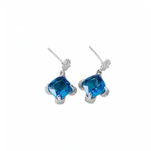 French Court Style Copper Zirconia Jewelry Set Square Blue Zirconia Necklace Open Ring Stud Earrings For Women Retro Fashion Jewelry