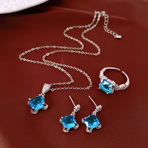 Elegant blue zircon square pendant necklace, earrings, and open ring jewelry set