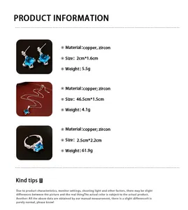 Product information detail for zircon square necklace, earrings, and open ring set