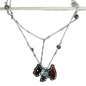 Collier chaîne argent vintage avec perles en verre et pendentif chien brun mignon