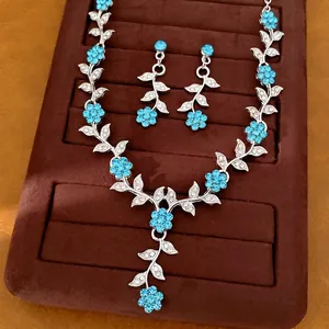 Elegant Copper Zirconia Leaf Flower Necklace Earrings Jewelry Set Silver Sky Blue For Women Fashion Jewelry Set Gift
