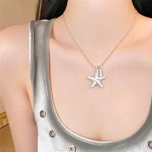 Elegant minimalist silver necklace featuring a starfish pendant and LUCKY tag for women