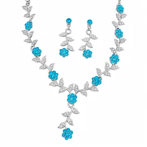 Elegantes Kupfer Zirkonia Blatt Blume Halskette Ohrringe Schmuck Set Silber Himmelblau Für Damen Mode Schmuck Set Geschenk