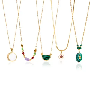 Gold plated titanium steel necklaces set featuring malachite, moon and bead pendants
