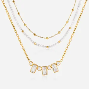 Stainless Steel Artificial Pearl Layered Necklace For Women Gold Plated Geometric Rhinestone Pendant Neckchain Jewelry Gift