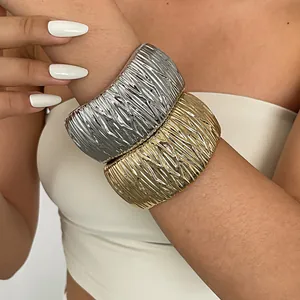 European American Metal Style Wrinkled Texture Geometric Bracelet For Women Fashion Alloy Gold Silver Wide Bangle Jewelry